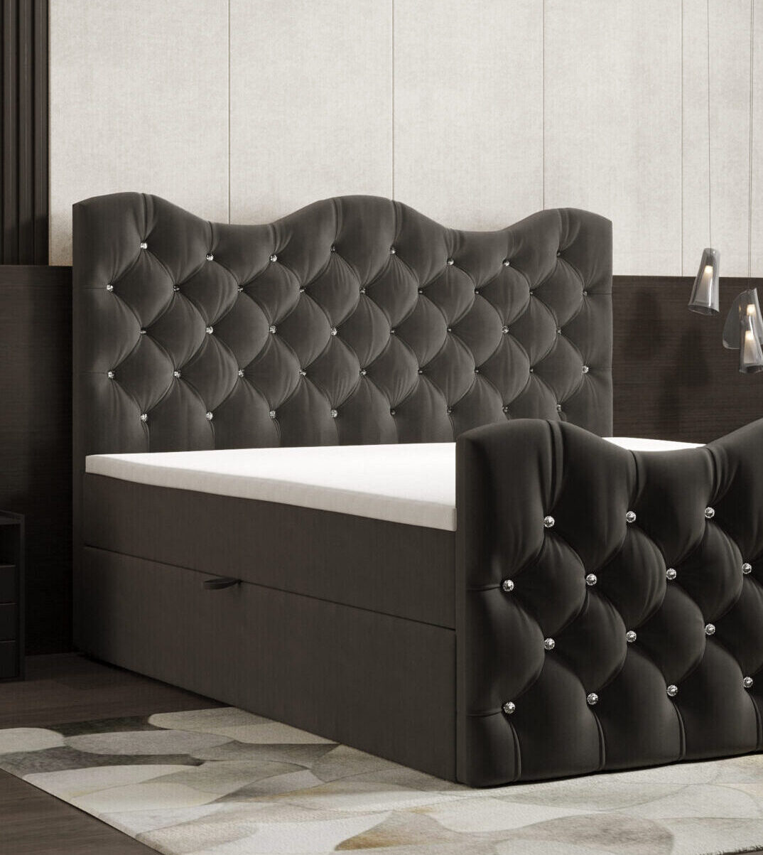 Łóżko z materacem pikowane zagłowie z pojemnikiem na pościel