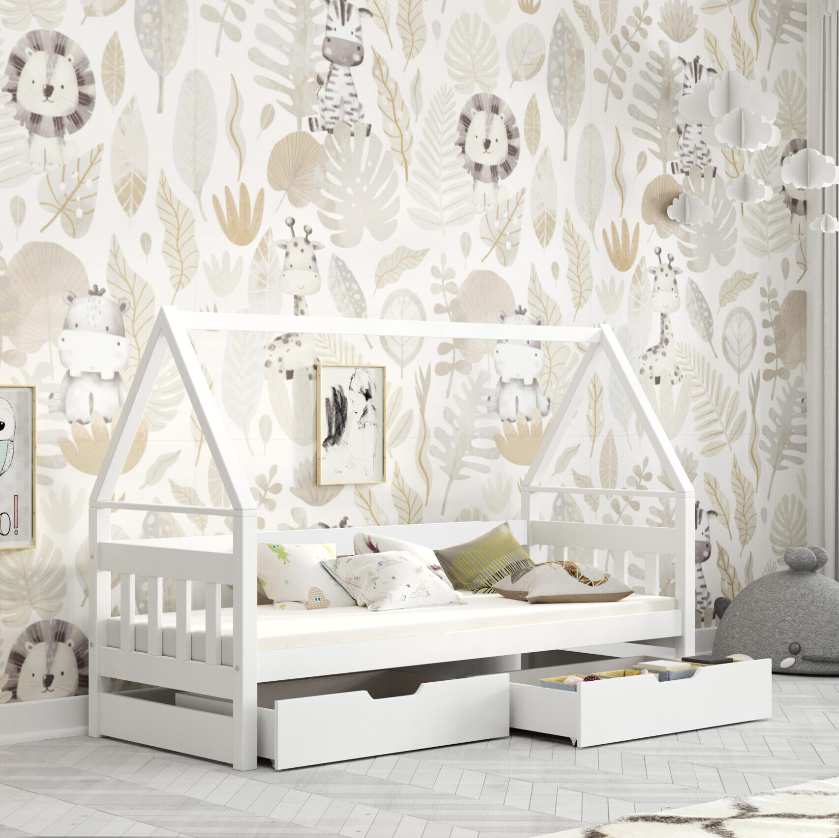 Łóżko DOMEK z szufladami+ barierka + materac 160×75 Białe