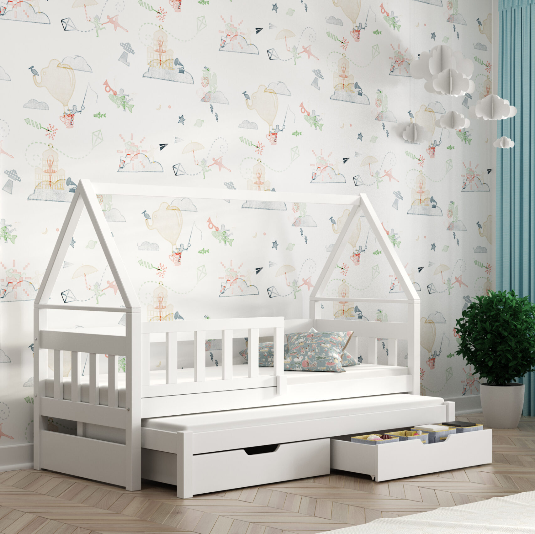 Łóżko DOMEK 2 osobowe + dwa materace + szuflady Białe