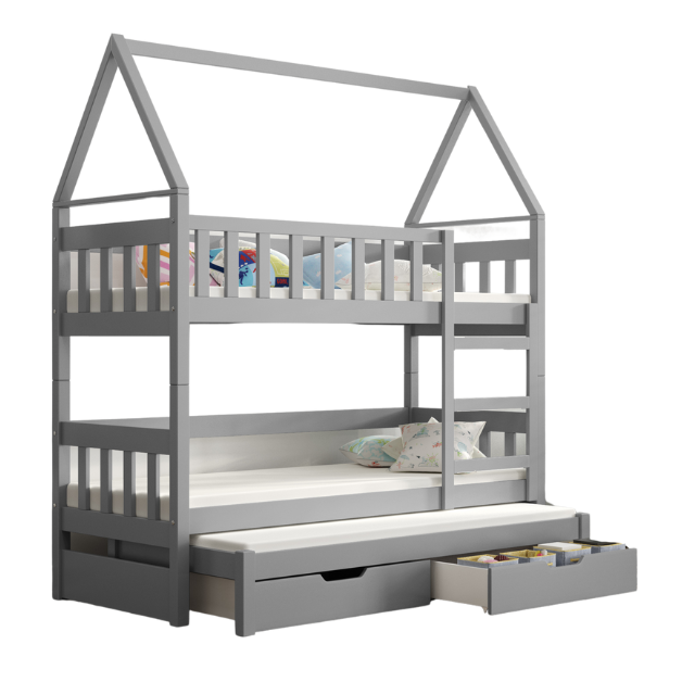 Łóżko piętrowe DOMEK 3 osobowe + materace 160 x 75 Szare