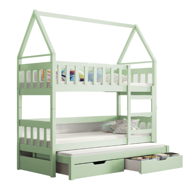 Łóżko piętrowe DOMEK 3 osobowe + materace 160 x 75 Miętowe