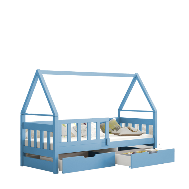Łóżko DOMEK z szufladami+ barierka + materac 180×75 Niebieskie