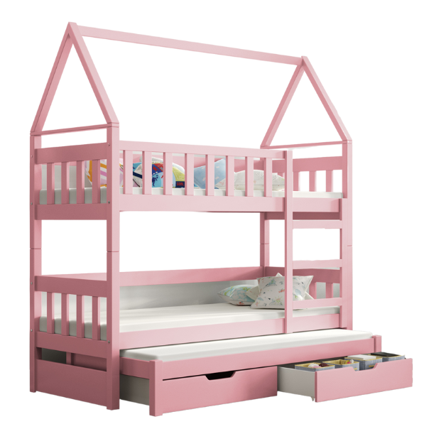 Łóżko piętrowe DOMEK 3 osobowe + materace 160 x 75 Różowe