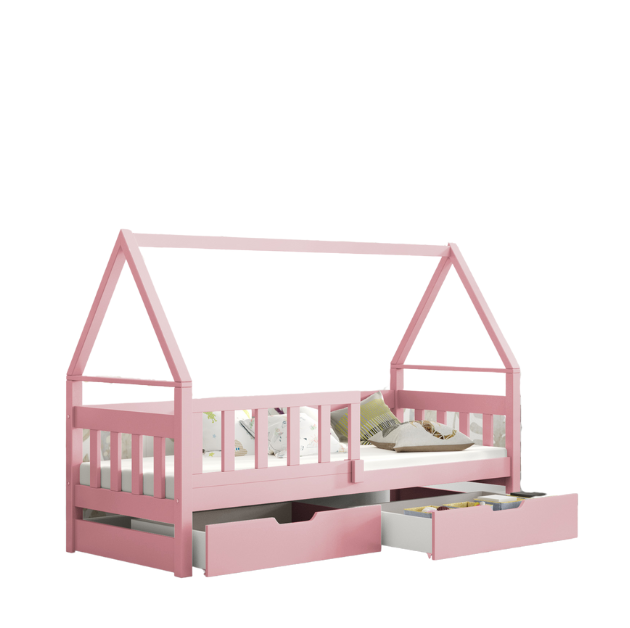 Łóżko DOMEK z szufladami+ barierka + materac 180×75 Różowe
