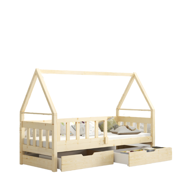 Łóżko DOMEK z szufladami+ barierka + materac 180×75 Sosnowe