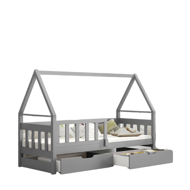 Łóżko DOMEK z szufladami+ barierka + materac 180×75 Szare