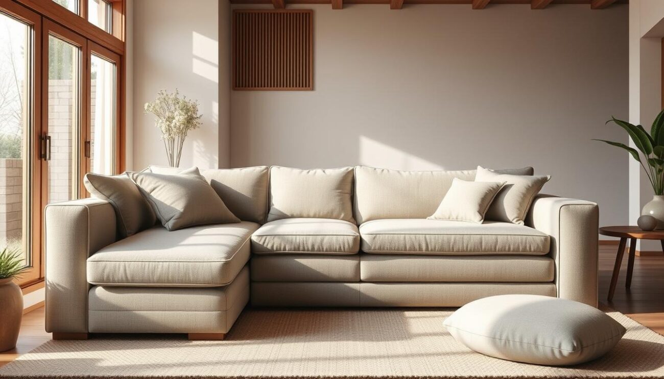 A comfortable, modern sofa with a built-in daily sleep function, featuring a hanzi design. The sofa is positioned in a cozy, well-lit living room, with a neutral color palette and natural lighting from large windows. The sofa's soft, plush cushions and clean lines create an inviting and ergonomic seating experience. The low-profile design and adjustable back support promote proper spinal alignment and restful sleep. Subtle textures and tones in the fabric and wood finishes add visual interest and a sense of warmth to the space.