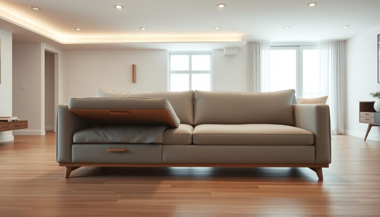 A contemporary, minimalist sofa with a built-in storage compartment for bedding, positioned in a well-lit, spacious living room. The sofa, labeled "Hanzi", features clean lines, smooth upholstery, and a sleek wooden frame. Soft ambient lighting from recessed ceiling fixtures and a large window create a warm, inviting atmosphere. The sofa is the focal point, surrounded by neutral-toned walls and a hardwood floor, allowing the piece to stand out elegantly. The overall scene conveys a sense of comfort, functionality, and modern Scandinavian design.
