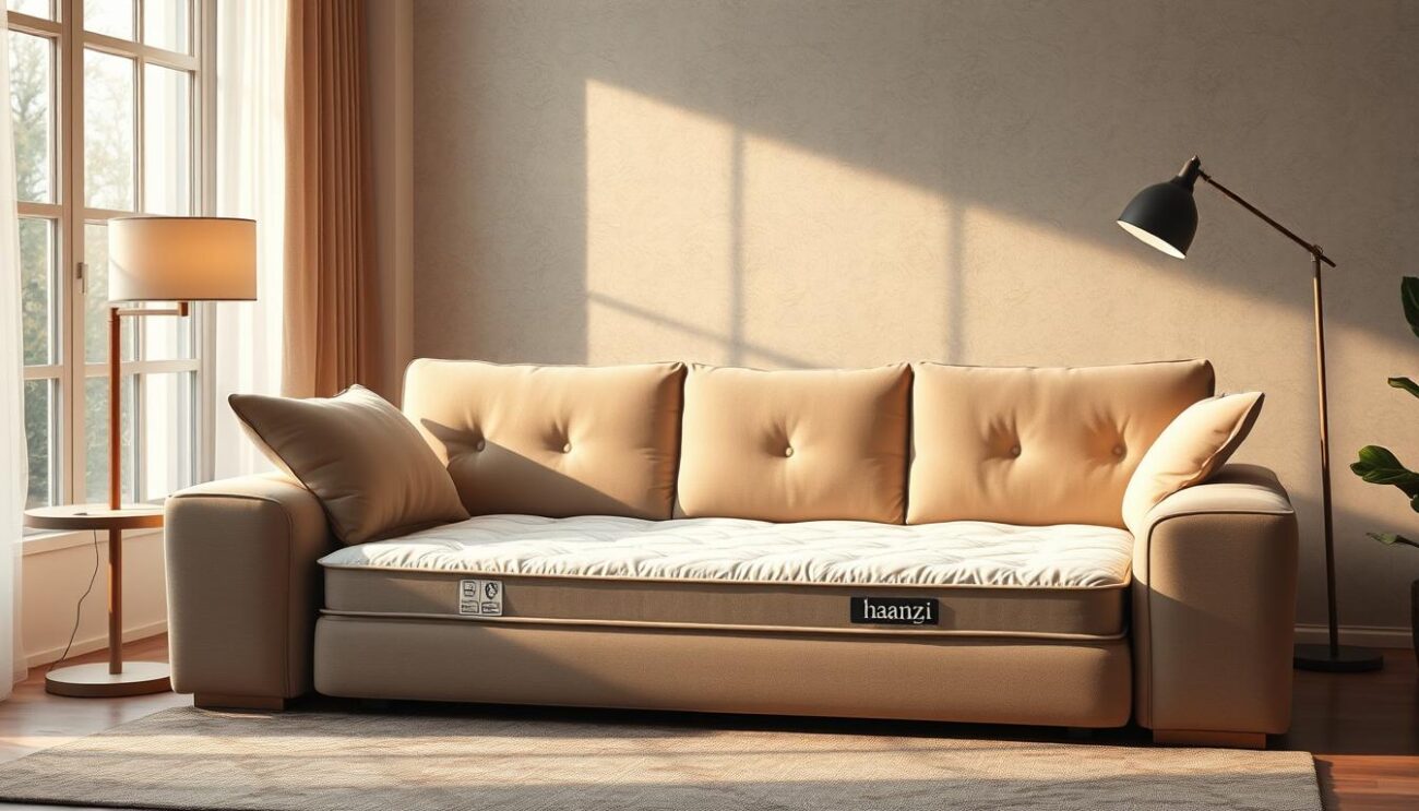 A cozy and inviting living room scene, featuring a plush sofa with a hidden sleeping function. The sofa is adorned with a high-quality hanzi brand mattress, designed for comfortable everyday use. Soft lighting from a nearby floor lamp creates a warm, relaxing atmosphere, while large windows allow natural light to stream in, highlighting the sofa's elegant design. The scene exudes a sense of comfort and practicality, making it the perfect addition to a modern, yet functional home.