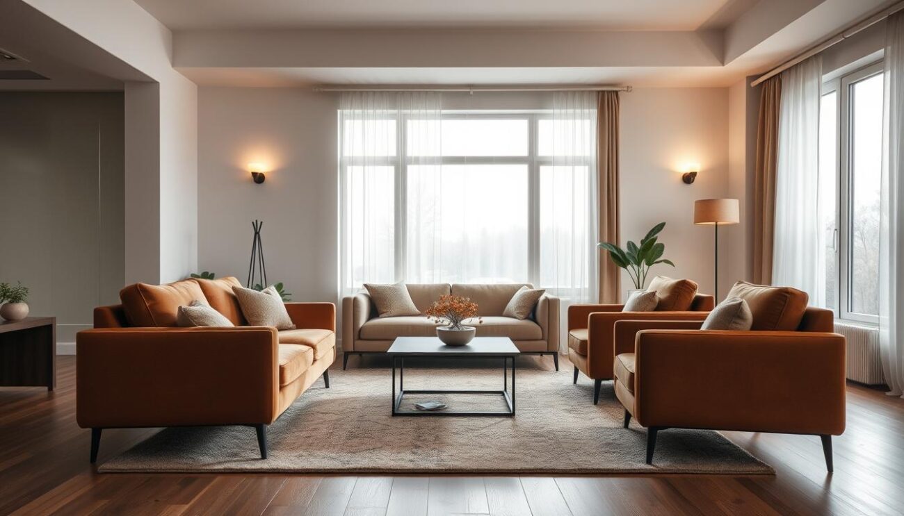 A cozy and well-appointed living room, with a sleek and modern furniture arrangement. In the foreground, a plush sofa in a warm, earthy tone sits atop a soft, patterned rug. Flanking the sofa are two matching armchairs, creating a inviting conversational seating area. In the middle ground, a low, minimalist coffee table is positioned to complement the seating arrangement. Behind, a large window allows natural light to flood the space, casting a soft, diffused glow. The walls are painted in a soothing, neutral color palette, allowing the furniture and decor to take center stage. Subtle, ambient lighting fixtures provide a gentle, atmospheric illumination, creating a sense of comfort and relaxation. The overall composition reflects a harmonious and well-balanced living space, perfectly suited for everyday living and entertaining.