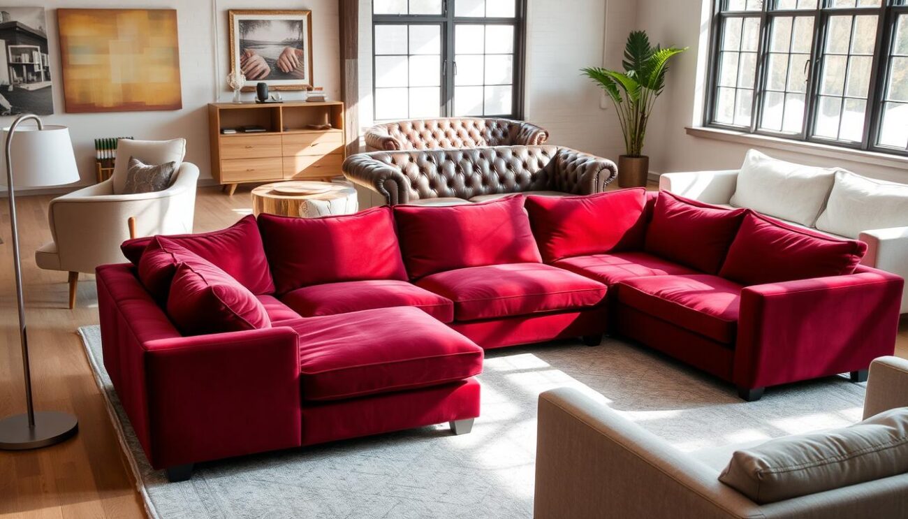 A cozy living room showcasing a diverse array of sofas and couches in various styles and materials. In the foreground, a plush, L-shaped sectional sofa upholstered in rich, velvety burgundy fabric sits prominently. To the left, a mid-century modern loveseat with sleek, tapered legs and a neutral beige tone. In the middle ground, a traditional tufted chesterfield sofa in a deep brown leather finish. In the background, a modern, minimalist sofa with clean lines and a light gray fabric complements the scene. Natural lighting streams in through large windows, casting a warm glow over the room and highlighting the diverse textures and silhouettes of the various sofas and couches.