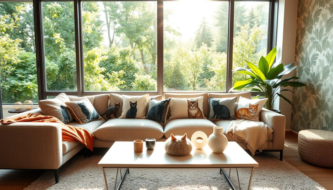 A cozy living room with large picture windows overlooking a lush, green backyard. In the foreground, a modern, low-profile sofa is adorned with a variety of vibrant, cat-themed throw pillows and blankets. The plush, textured upholstery invites touch and comfort. In the middle ground, a sleek, minimalist coffee table displays a selection of stylish, cat-inspired home decor accents. Sunlight filters in, casting a warm, golden glow throughout the space. In the background, the walls are covered in a sophisticated, abstract pattern of soft, muted hues that complement the cat-themed furnishings. The overall scene conveys a sense of contemporary design, comfort, and a deep appreciation for feline companions.