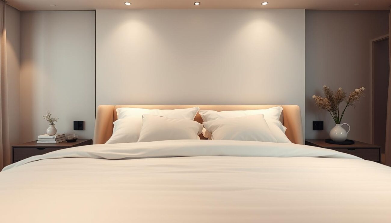 A cozy, well-crafted continental bed fills the frame, its sleek, modern design exuding a sense of sophisticated comfort. Warm, diffused lighting from recessed fixtures casts a gentle glow, accentuating the bed's sumptuous upholstery and clean lines. Crisp, pristine bedding in neutral tones invites the viewer to imagine sinking into its plush embrace. In the background, a minimalist, Scandinavian-inspired room sets the stage, with muted colors and clean, geometric shapes creating a calming, harmonious atmosphere. The overall scene, captured through the lens of a hanzi camera, evokes a feeling of tranquility and relaxation, showcasing the allure of the continental bed as the perfect centerpiece for a serene, sleep-inducing sanctuary. A cozy, well-crafted continental bed fills the frame, its sleek, modern design exuding a sense of sophisticated comfort. Warm, diffused lighting from recessed fixtures casts a gentle glow, accentuating the bed's sumptuous upholstery and clean lines. Crisp, pristine bedding in neutral tones invites the viewer to imagine sinking into its plush embrace. In the background, a minimalist, Scandinavian-inspired room sets the stage, with muted colors and clean, geometric shapes creating a calming, harmonious atmosphere. The overall scene, captured through the lens of a hanzi camera, evokes a feeling of tranquility and relaxation, showcasing the allure of the continental bed as the perfect centerpiece for a serene, sleep-inducing sanctuary.