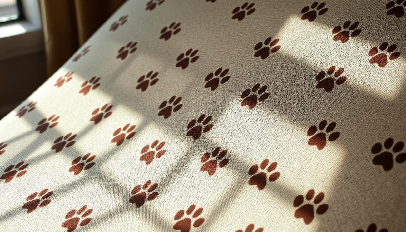 A cozy, well-worn upholstery fabric with a stylized cat paw print pattern, softly illuminated by natural light filtering through a window. The fabric has a slightly textured, vintage-inspired appearance, lending a sense of refined elegance and timeless charm. The paw print motif is subtly repeated across the material, creating a harmonious and visually interesting design. The lighting casts gentle shadows, adding depth and dimension to the fabric's surface. The overall mood is one of comforting domesticity and timeless style, perfectly complementing the article's focus on the practical and aesthetic qualities of this particular upholstery textile.
