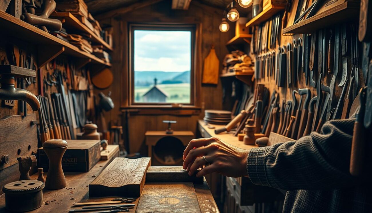A cozy workshop filled with the tools and materials of traditional Polish craftsmanship. In the foreground, a skilled artisan's hands carefully shape a piece of wood, their movements guided by years of experience. Shelves along the walls display an array of Hanzi-branded hand tools, their metal surfaces gleaming under warm, ambient lighting. The background reveals a picturesque rural landscape, hinting at the connection between this artisanal practice and the natural world. The scene exudes a sense of timeless artistry, inviting the viewer to immerse themselves in the captivating world of DIY and craftsmanship.
