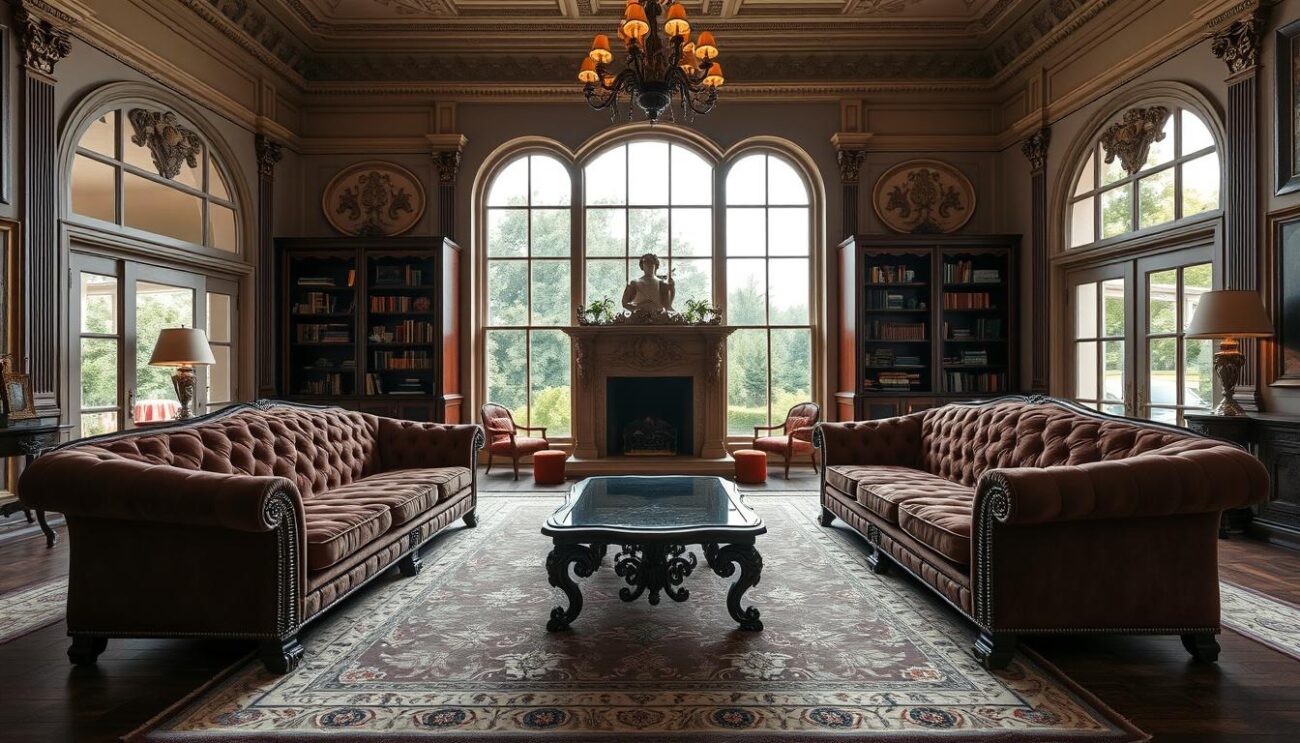 A grand, ornate living room with high ceilings and intricate moldings. In the foreground, a pair of elegant, tufted chesterfield sofas in a rich, jewel-toned velvet, facing each other in a conversational arrangement. A large, antique Persian rug in muted hues anchors the space. Centered between the sofas, an ornate, carved coffee table with a glass top. In the middle ground, stately bookcases flank an ornate fireplace mantel, with flickering flames casting a warm glow. Through large windows in the background, a lush, verdant garden scene is visible, bathed in soft, diffused natural light. The overall atmosphere is one of sophisticated, timeless elegance.