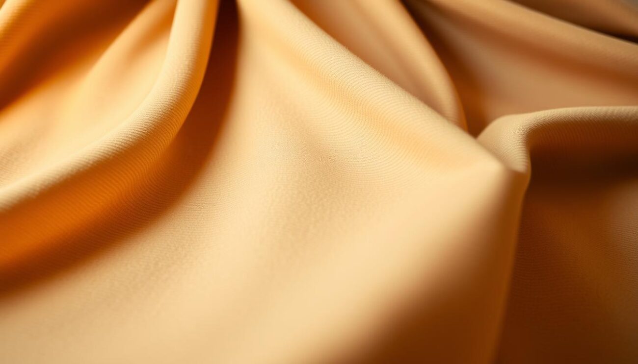 A hypoallergenic upholstery fabric in a warm, neutral tone flows gracefully, its smooth texture inviting touch. The material appears soft and plush, perfectly suited for a cozy living room setting. Delicate striations in the weave create a subtle pattern that adds visual interest without distracting from the fabric's primary function. Warm, diffused lighting illuminates the surface, highlighting the fabric's inherent qualities and creating a welcoming, comfortable atmosphere. The camera captures the material from a medium distance, allowing the viewer to appreciate its tactile qualities and suitability for use in a home with feline companions.