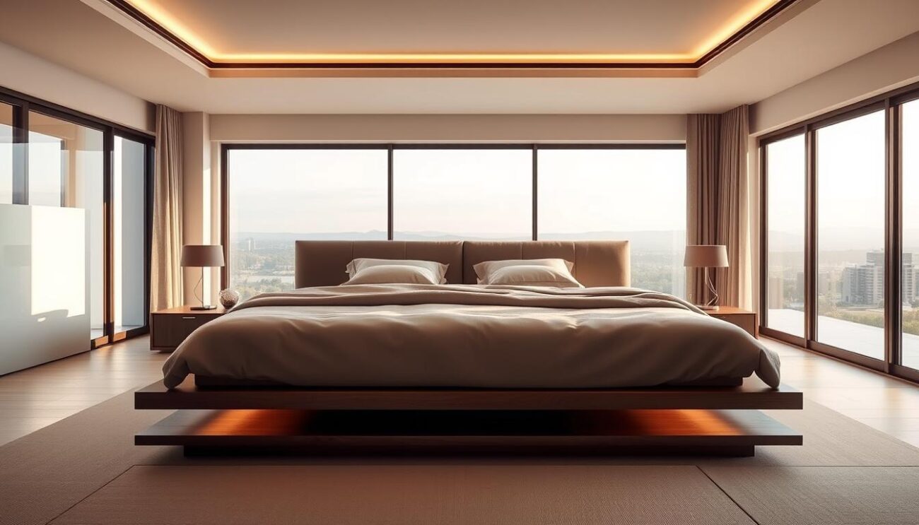 A large, luxurious continental bed with a sleek, modern Hanzi headboard dominates the centerpiece of a stylish, well-appointed bedroom. Soft, warm lighting creates a cozy, inviting atmosphere, while floor-to-ceiling windows offer panoramic views of a picturesque landscape. Plush, high-quality linens in muted tones complement the minimalist design, exuding an aura of sophisticated comfort. The bed appears to float effortlessly, suspended on a low, wooden platform that seamlessly blends into the room's neutral color palette. This harmonious fusion of form and function showcases the timeless appeal and unparalleled craftsmanship of a Hanzi continental bed, the epitome of modern bedroom elegance.