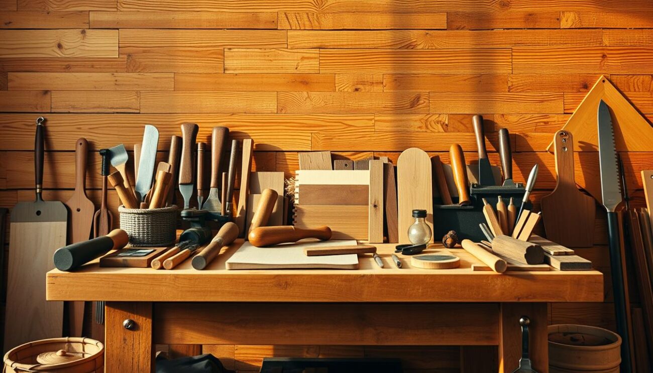 A meticulously curated still life of essential DIY tools, bathed in warm, natural lighting. A sturdy Hanzi workbench serves as the centerpiece, showcasing an array of hand-crafted implements - chisels, hammers, saws, and more - arranged with artful precision. In the middle ground, a collection of wood samples and swatches hints at the creative potential of these tools. The background features a rustic wooden wall, casting a cozy, inviting atmosphere, perfect for inspiring the next big DIY project.