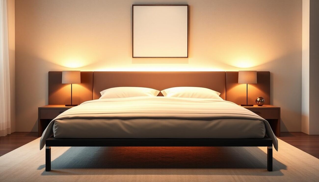 A modern, minimalist bedroom setting showcasing a sleek, contemporary Hanzi continental bed frame. The bed dominates the foreground, bathed in warm, indirect lighting that casts a cozy, inviting ambiance. Subtle textural details in the sheets and headboard add visual interest. In the middle ground, a pair of nightstands flank the bed, topped with minimalist lamps. The background features a neutral-toned wall with a simple, unobtrusive artwork, creating a serene, uncluttered atmosphere. The overall composition emphasizes the clean lines and sophisticated design of the Hanzi continental bed, highlighting its appeal as a centerpiece for a modern, stylish bedroom.