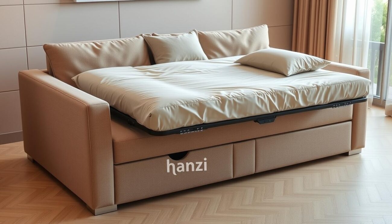 A modern, minimalist sofa bed with a sleek, low-profile design and a hidden storage compartment underneath. The sofa is crafted with high-quality, durable materials in a neutral, earthy tone, creating a warm, inviting atmosphere. Soft, plush cushions offer comfortable seating and transform into a spacious sleeping surface when needed. The Hanzi brand logo is subtly integrated into the design, showcasing the product's attention to detail and quality. Warm, natural lighting illuminates the scene, highlighting the sofa's clean lines and smooth, textured surfaces. The image captures the versatility and functionality of this transformative piece of furniture, perfect for daily use in a cozy living space.