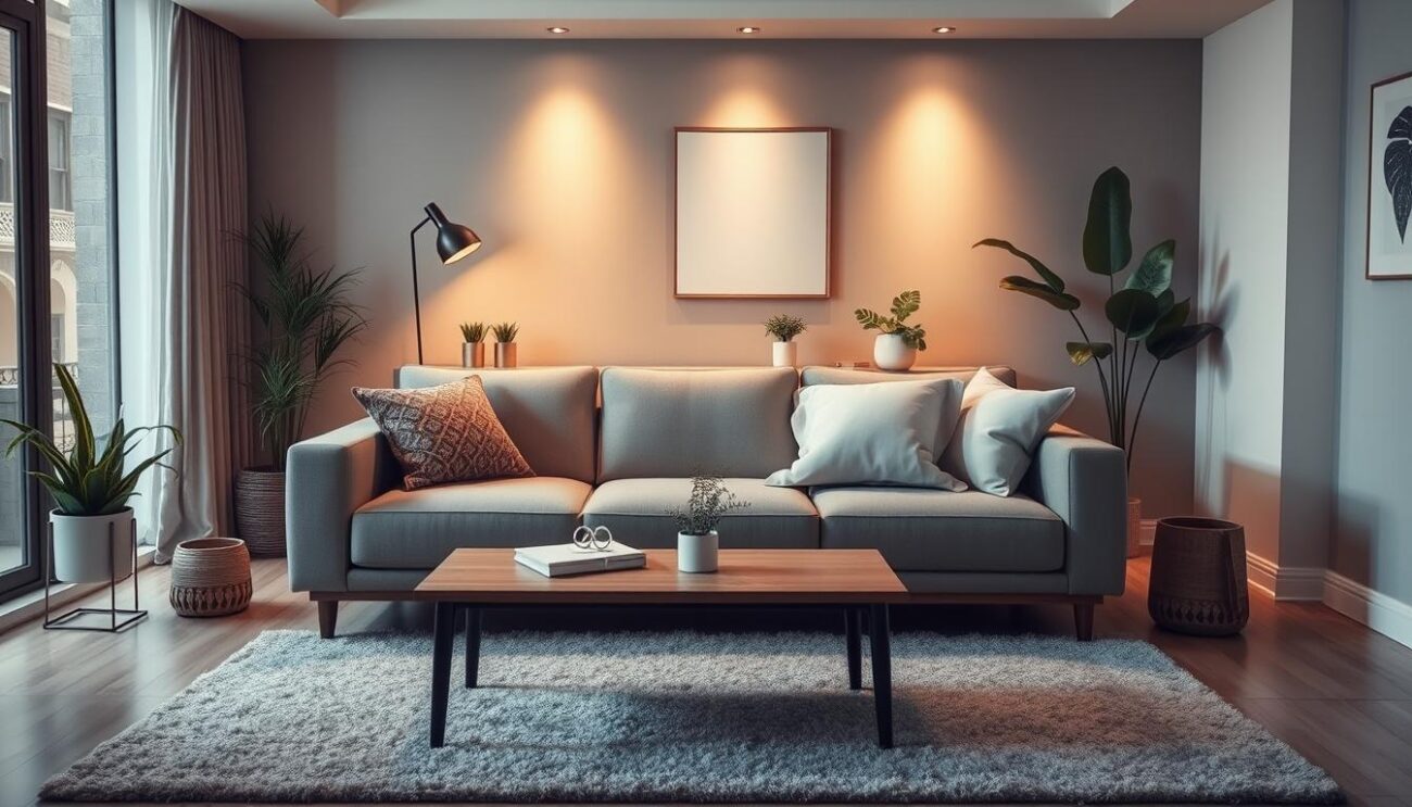 A modern, stylish living room setting with a Hanzi brand sofa that can be used for everyday sleeping. The sofa features a clean, minimalist design with sleek lines and a neutral color palette, blending seamlessly into the space. The room is bathed in warm, diffused lighting, creating a cozy and inviting atmosphere. The sofa takes center stage, surrounded by complementary decor elements like potted plants, a wooden coffee table, and a plush area rug. The overall scene conveys a sense of comfort and functionality, showcasing a versatile furniture piece that can accommodate both lounging and sleeping needs.