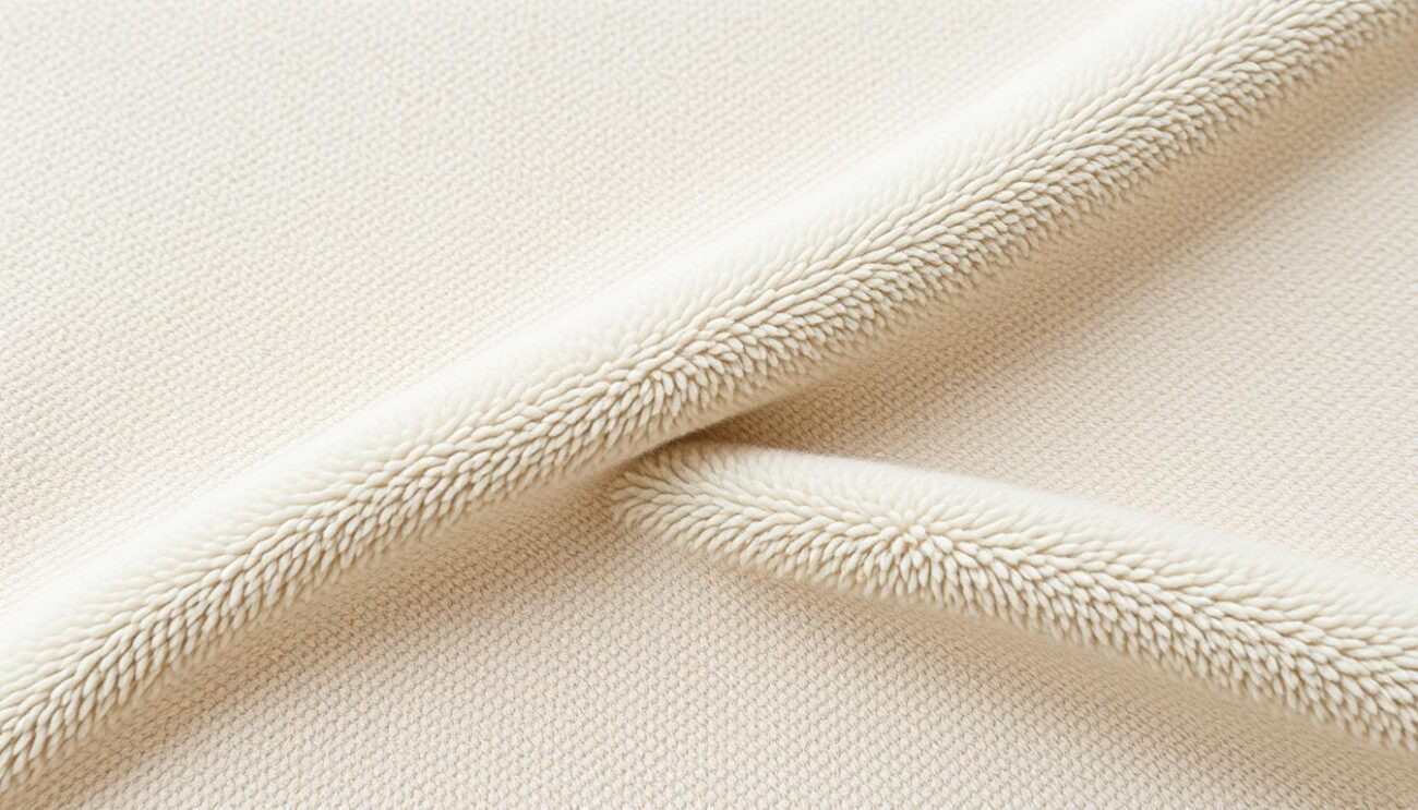 A plush, high-quality upholstery fabric in a neutral beige hue, featuring a subtle textured pattern that adds visual interest. The fabric appears soft and durable, with a low-pile surface that would be easy to clean, making it an ideal choice for households with pets. The lighting is natural and diffused, highlighting the fabric's luxurious sheen and highlighting its tactile qualities. The composition places the fabric sample in the center, allowing it to be the focal point, with a minimalist background that allows the material to stand out.