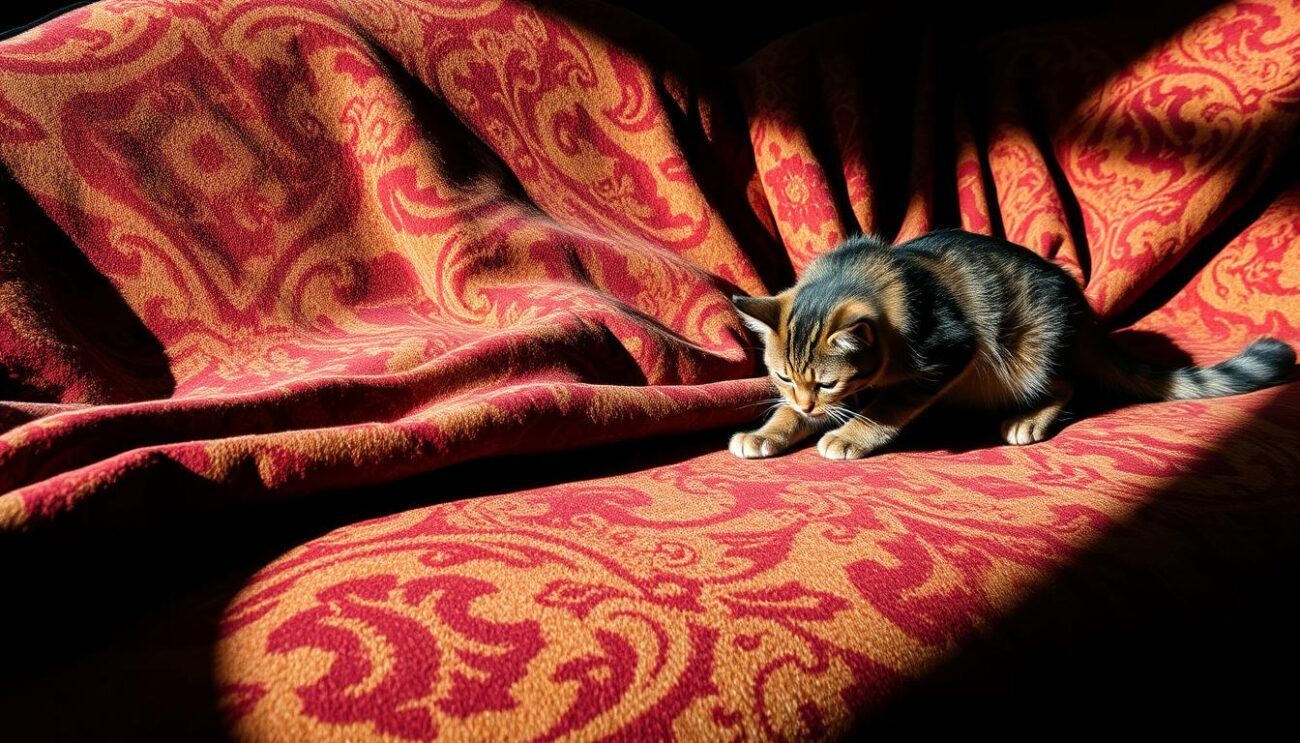 A plush, luxurious upholstery fabric in a rich, velvety texture, sprawled across a living room sofa, with a curious cat pawing at the soft material. The fabric's intricate patterns and hues, ranging from deep burgundies to earthy ochres, create a sumptuous, inviting ambiance. Dramatic side lighting casts dramatic shadows, highlighting the fabric's tactile quality and the cat's playful exploration. The scene evokes a sense of coziness and comfort, yet cautions the viewer about the potential risks of using such fabrics in a home with feline inhabitants.