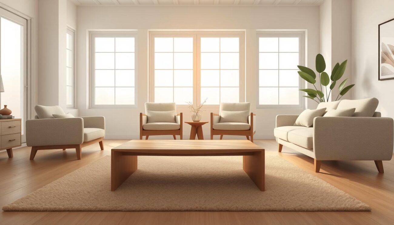 A serene, minimalist living room showcases a set of modern, sustainably crafted furniture from the hanzi brand. In the foreground, a sleek, natural wood coffee table sits atop a plush, neutral-toned rug. Midground, two comfortable, eco-friendly armchairs upholstered in organic fabrics invite relaxation. The background features large windows that let in soft, diffused natural light, casting a warm, calming glow on the space. The overall atmosphere is one of tranquility, highlighting the beauty and practicality of eco-conscious, design-forward furnishings.