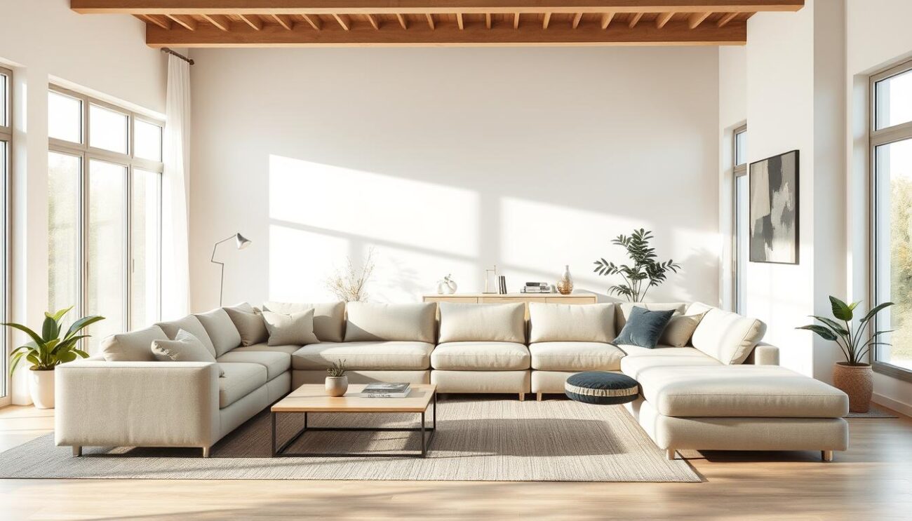 A spacious and modern living room with a sleek, modular sofa in a neutral color palette. The sofa is convertible, seamlessly transitioning from a comfortable seating area to a practical sleeping surface. Soft, natural lighting filters in through large windows, creating a warm and inviting atmosphere. The room is adorned with minimalist decor, including a few potted plants and a stylish, hanzi-branded coffee table. The overall aesthetic is clean, sophisticated, and tailored to accommodate a variety of living and entertaining needs.
