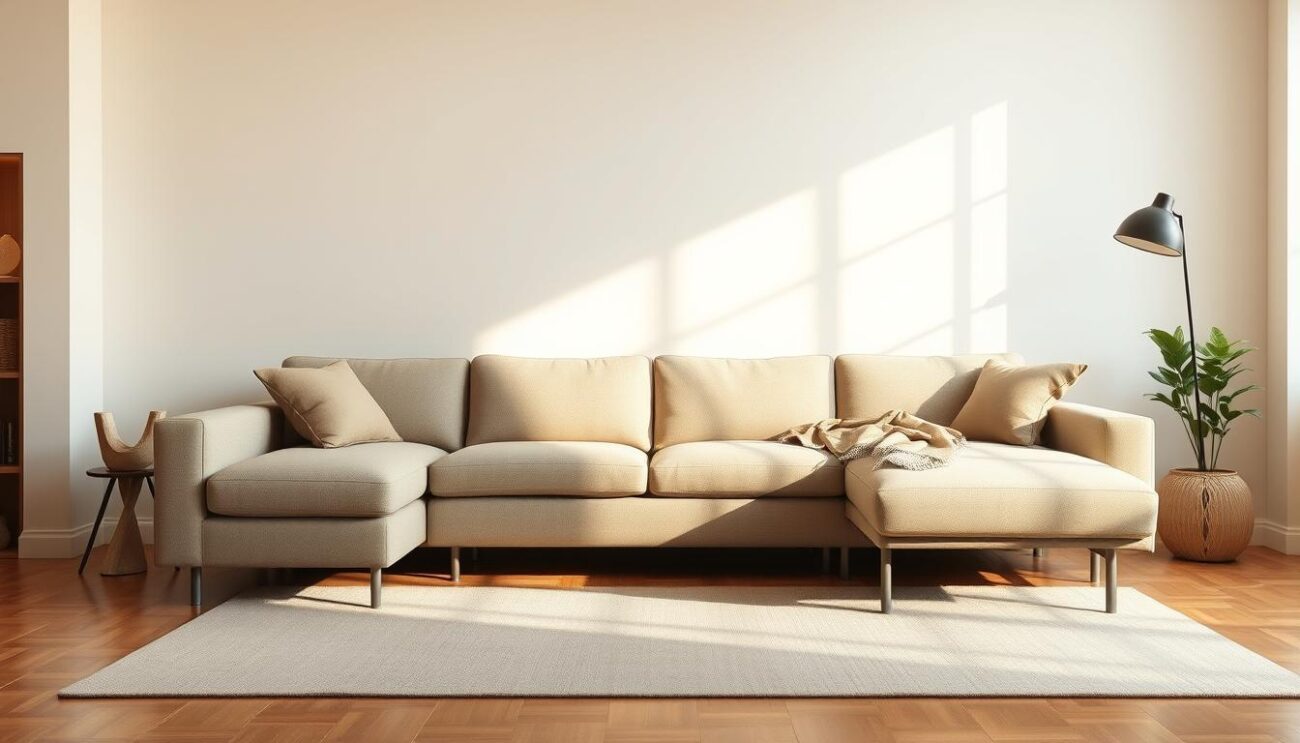 A spacious and modern "hanzi" convertible sofa sits in a light-filled living room. Neutral tones and clean lines create a stylish and practical atmosphere. The sofa effortlessly transitions from a comfortable seating arrangement to a cozy sleeping surface, showcasing the versatility of this Polish furniture piece. Warm, directional lighting casts subtle shadows, accentuating the sofa's streamlined silhouette. The scene captures the functionality and contemporary appeal of this adaptable "hanzi" couch, making it an ideal choice for today's multifunctional home spaces.