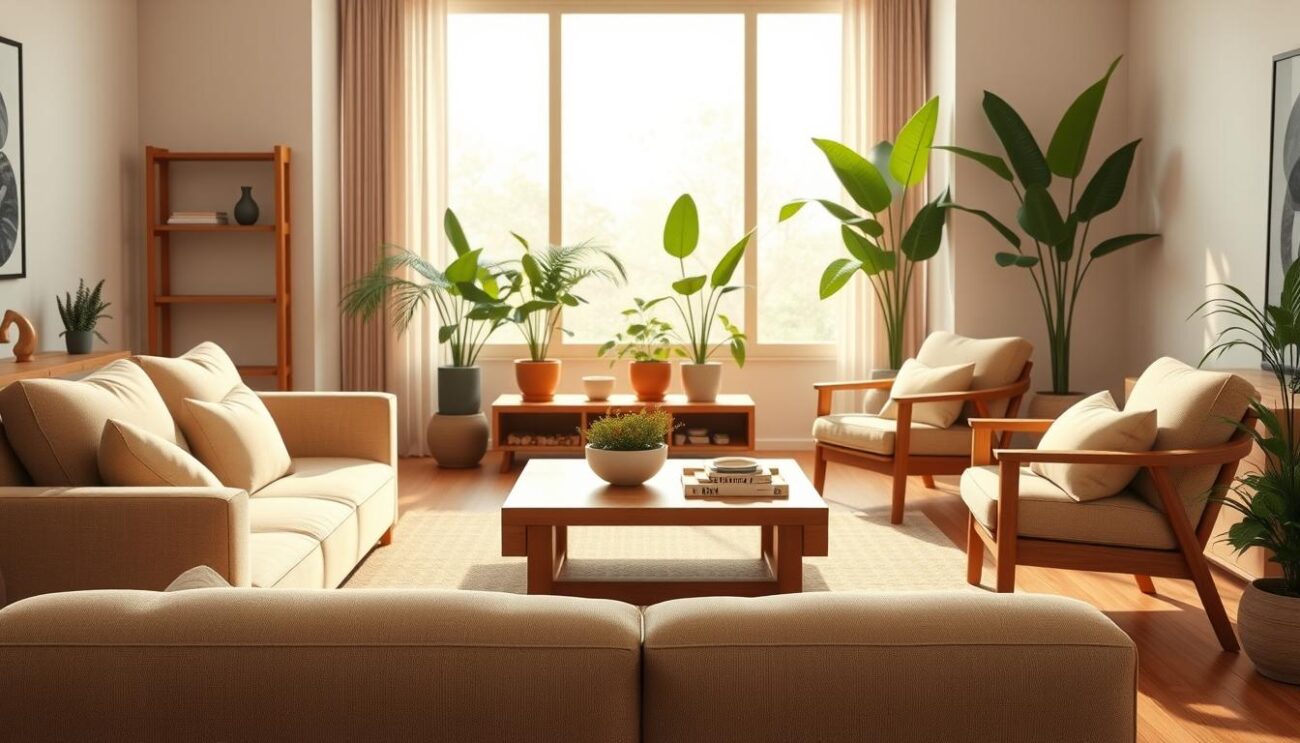 A well-lit, modern living room showcasing a range of eco-friendly furniture pieces. In the foreground, a sleek, minimalist hanzi sofa upholstered in natural, sustainable fabrics. Midground features a wooden coffee table with clean lines, surrounded by two hanzi armchairs with plush, organic cushions. The background highlights a floor-to-ceiling window, allowing natural light to flood the space and illuminate the room's verdant, potted plants. Warm, earthy tones and natural textures throughout create a serene, environmentally-conscious atmosphere.