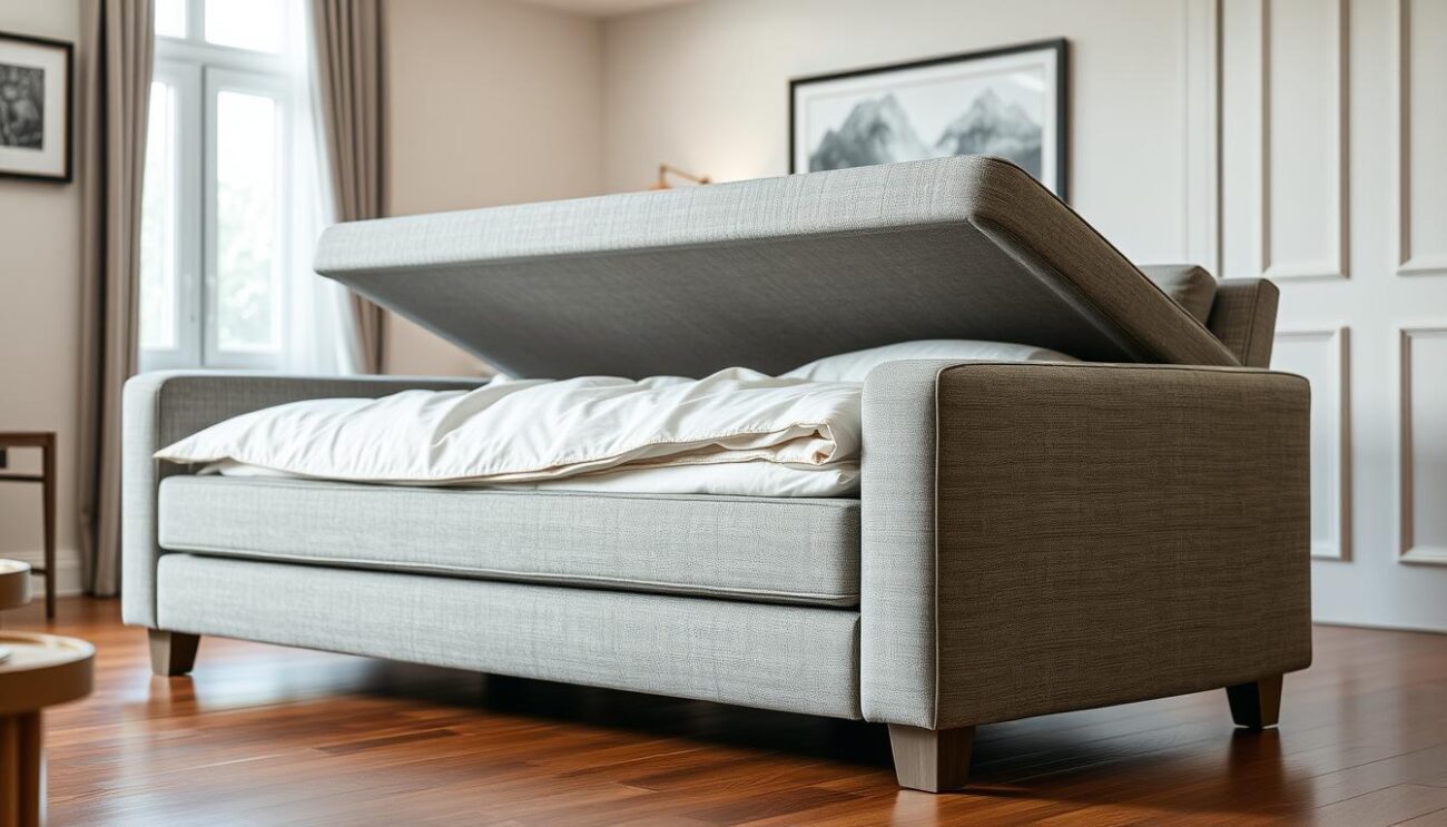 Sleek and modern Hanzi sofa with integrated storage compartment for bedding, standing in a cozy, well-lit living room setting. Hardwood floors, soft lighting, and neutral color palette create a comfortable, inviting atmosphere. The sofa's clean lines and subtle fabric texture are captured in high detail, showcasing its premium quality and functionality as a everyday sleeping solution. The storage compartment blends seamlessly into the design, hinting at the sofa's versatile nature. Captured from a slightly elevated angle to highlight the sofa's proportions and elegant profile.