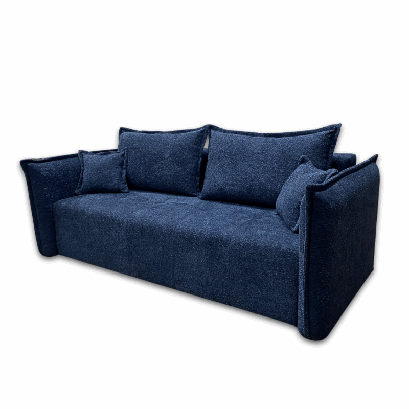 Nowoczesna kanapa do salonu w kolorze granatowym z pojemnikiem na pościel plus 2 durze poduchy i dwa jaski