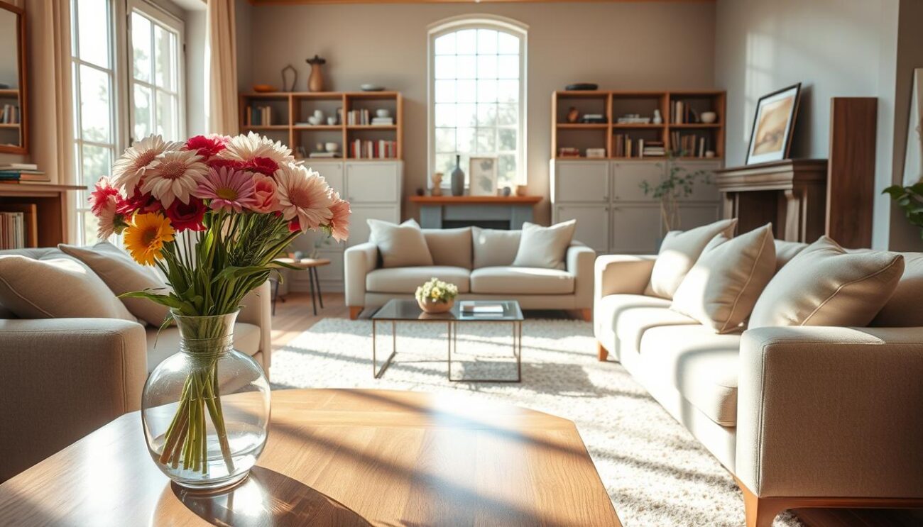 A cozy living room with plush, Hanzi-branded furniture upholstered in soft, hypoallergenic fabrics. Sunlight filters through large windows, casting a warm glow on the space. In the foreground, a coffee table displays a vase of fresh flowers, symbolizing the pollen and other allergens that can lurk in household furnishings. The middle ground features a modern, minimalist sofa and loveseat in neutral tones, designed to mitigate allergy triggers. In the background, bookshelves and a fireplace create a welcoming, allergy-friendly atmosphere. The overall scene conveys a sense of comfort and wellness, highlighting the importance of choosing the right materials for allergy-prone individuals.