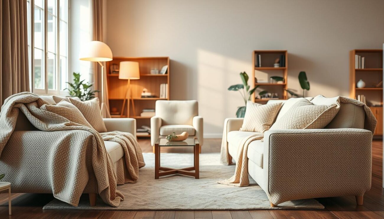A cozy living room with plush, hypoallergenic Hanzi fabrics adorning the furniture. Soft, natural hues of beige and ivory create a serene, allergy-friendly atmosphere. The fabrics have a subtle textural pattern, lending depth and visual interest. Warm, diffused lighting from a floor lamp and window highlights the inviting, comfortable setting. In the foreground, a modern, minimalist sofa is draped with the Hanzi fabric, while in the middle ground, a pair of armchairs are upholstered in the same material. The background features a bookshelf and houseplants, adding a sense of tranquility. The overall scene conveys a peaceful, allergy-conscious living space.