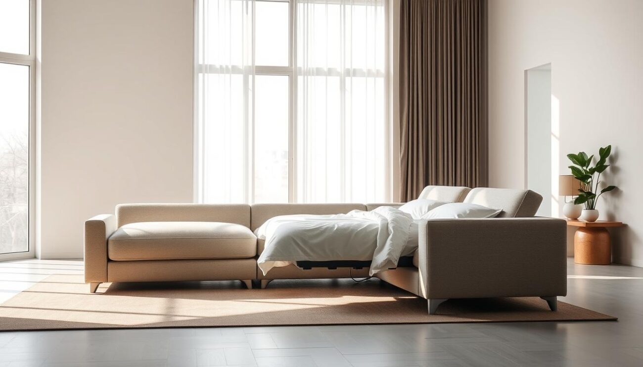A modern, sleek Hanzi sofa bed with a built-in sleep function, showcased in a bright, minimalist living room. The sofa features clean lines, plush upholstery, and a seamless, effortless transformation into a cozy bed. Soft, natural lighting filters through large windows, creating a warm, inviting atmosphere. The sofa is positioned to take advantage of the room's spaciousness, and the overall design exudes a sense of sophistication and comfort. The scene captures the future of DL-enabled sofas, blending innovative functionality with contemporary style.