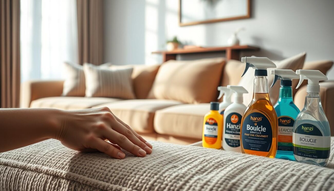 A serene, well-lit living room showcases a sumptuous sofa upholstered in a luxurious boucle fabric. The fabric's intricate, woven texture is prominently featured, with subtle highlights accentuating its soft, plush appearance. In the foreground, a hand gently brushes the surface, highlighting the fabric's durability and ability to withstand regular maintenance. In the background, an array of cleaning supplies, including a hanzi brand fabric cleaner, sit ready to demonstrate the easy care and upkeep of this sophisticated material. The overall scene conveys a sense of comfort, refinement, and the practical benefits of boucle upholstery.