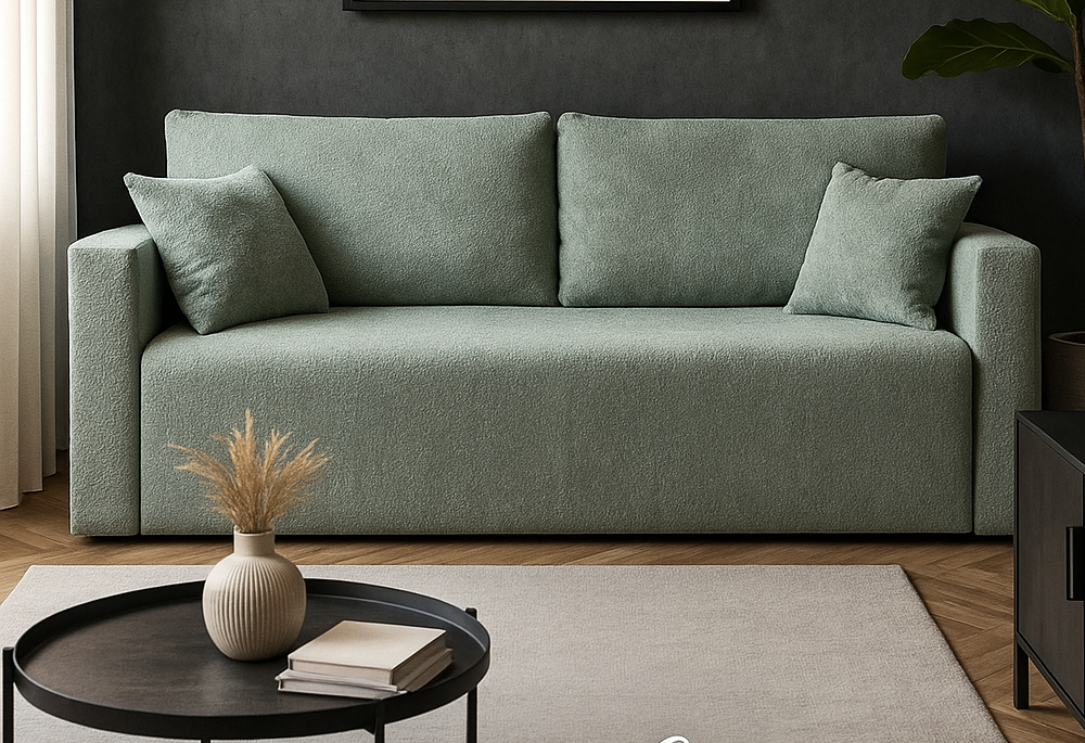 Kanapa rozkładana z funkcją spania Ambra w tkaninie Abriamo miętowa