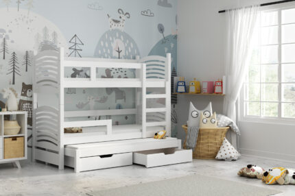 Łóżko piętrowe Kajtek Białe dla dziecka - 3 osobowe białe