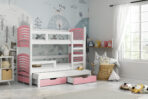 Trzyosobowe łóżko piętrowe dla dzieci z szufladami Różowy +biały