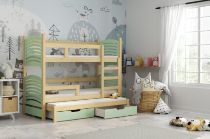 Trzyosobowe łóżko piętrowe dla dzieci z szufladami sosna+miętowy