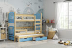 Trzyosobowe łóżko piętrowe dla dzieci z szufladami sosna+niebieski