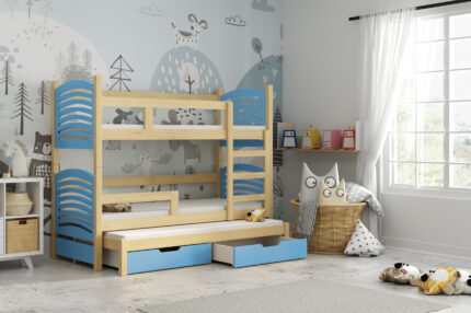 Trzyosobowe łóżko piętrowe dla dzieci z szufladami sosna+niebieski