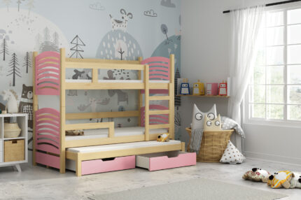 Trzyosobowe łóżko piętrowe dla dzieci z szufladami sosna+róż