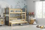 łóżko piętrowe dla dzieci 3 osobowe z materacami i szufladami sosna+szary