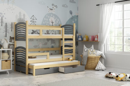 łóżko piętrowe dla dzieci 3 osobowe z materacami i szufladami sosna+szary