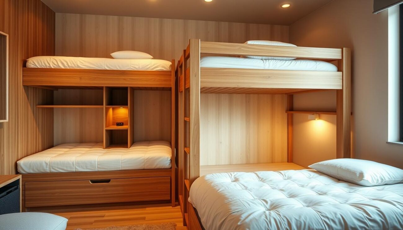 A cozy and spacious bunk bed with ample storage space, illuminated by warm, diffused lighting. The frame is crafted from sturdy, natural-tone wood, complemented by clean, minimalist lines. The beds feature built-in drawers and shelves, providing convenient storage solutions. The scene exudes a sense of comfort and functionality, perfect for a modern, Scandinavian-inspired bedroom. Captured with a wide-angle lens to showcase the entire setup in a hanzi style.