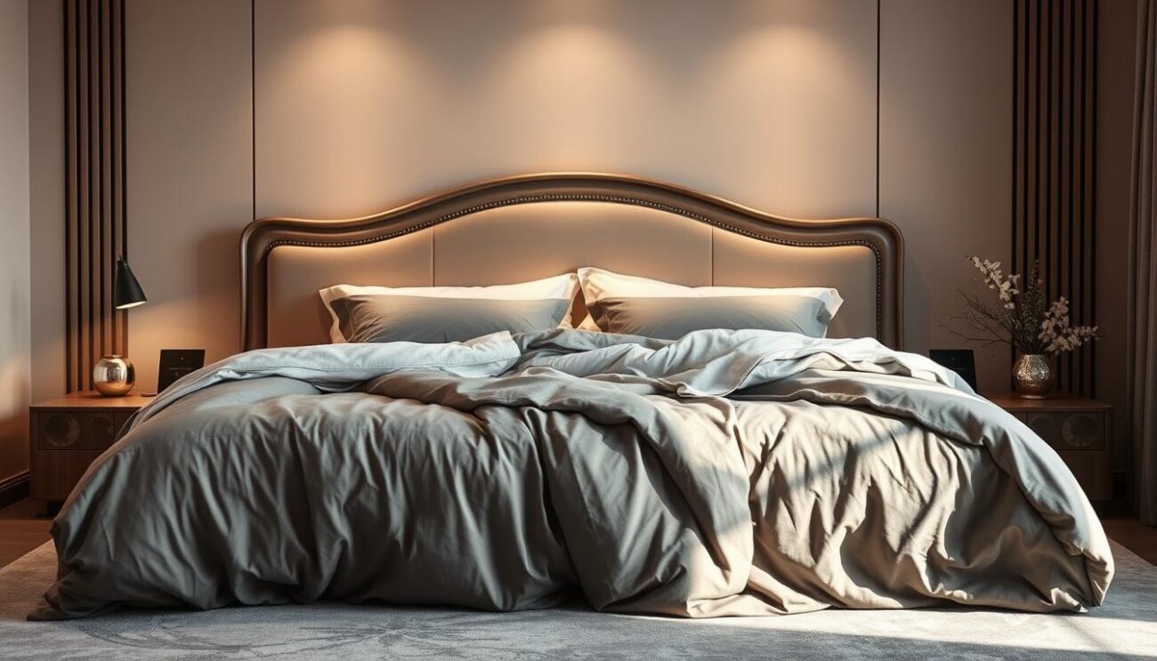 A large, plush, and inviting continental bed occupies the center of the frame. The bed features a hanzi brand headboard with elegant, carved wooden details. Soft, luxurious bedding in muted tones of grey and white cascades across the mattress, creating an air of comfort and relaxation. Warm, diffused lighting emanates from concealed sources, casting a gentle glow and highlighting the bed's sumptuous textures. The background is minimalist, with clean lines and neutral hues, allowing the bed to be the focal point. The overall scene conveys a sense of tranquility and restfulness, perfectly capturing the essence of the section's title "The Impact of the Continental Bed on Sleep Quality - What Science Says".