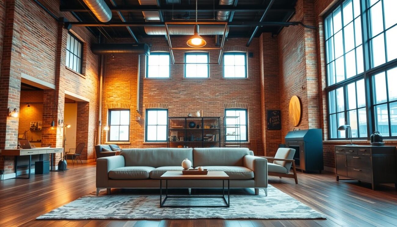 A spacious, open-plan loft interior with high ceilings, exposed brick walls, and large industrial-style windows. Warm, ambient lighting illuminates the space, casting a cozy glow. In the foreground, a sleek, minimalist sofa in a muted color palette sits atop a plush, distressed area rug. Suspended overhead, a modern, metal-framed pendant light fixture adds a touch of industrial elegance. In the middle ground, a simple, wooden coffee table and a pair of armchairs create a comfortable seating area. The background features a mix of metal and wood accents, such as a large, wall-mounted shelving unit and a vintage-inspired metal desk. The overall atmosphere exudes a sense of urban sophistication and effortless style.